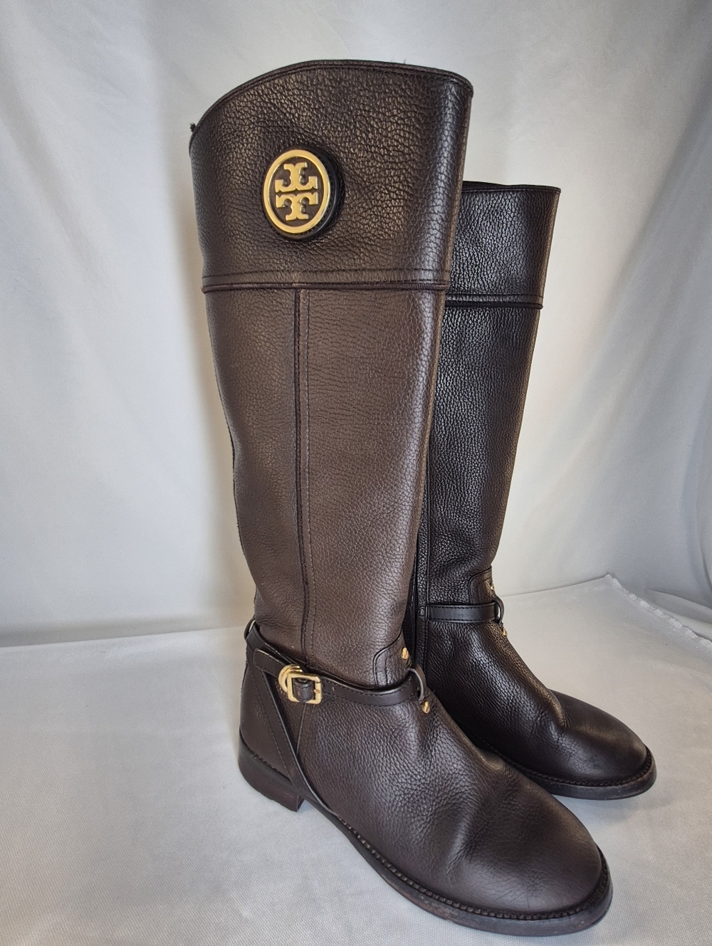 Tory Burch Teresa Women's 9M Riding Boots Brown Pebbled Leather Gold Ligo Buckle